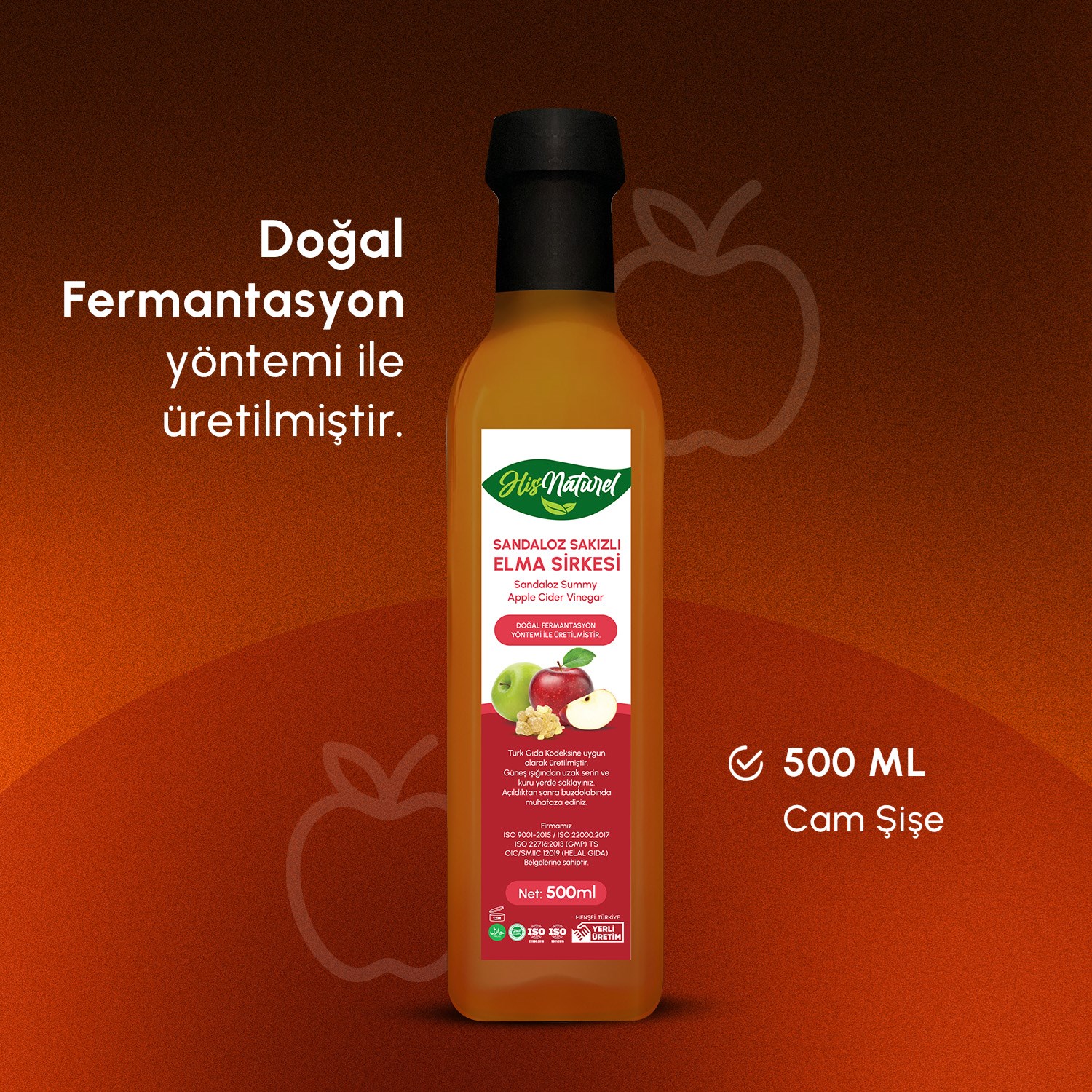 Organik Yıllanmış Sandaloz Sakızlı Yeşil Elma Sirkesi Sirkesi Doğal Fermantasyon 500 ml. 